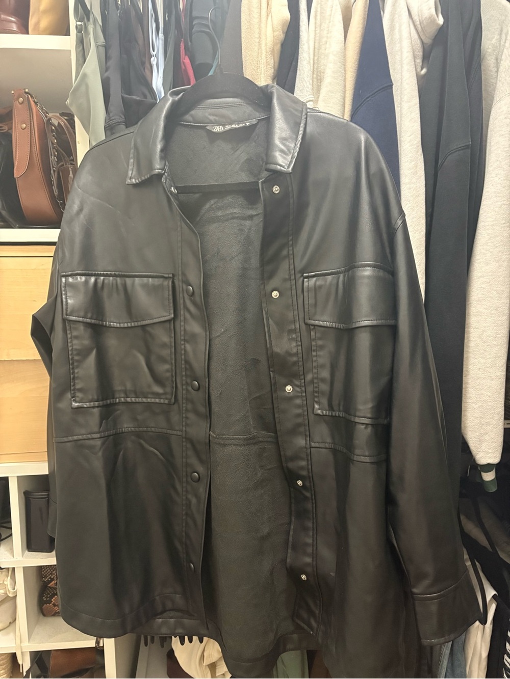 Zara Black Faux-Leather Overshirt Jacket
